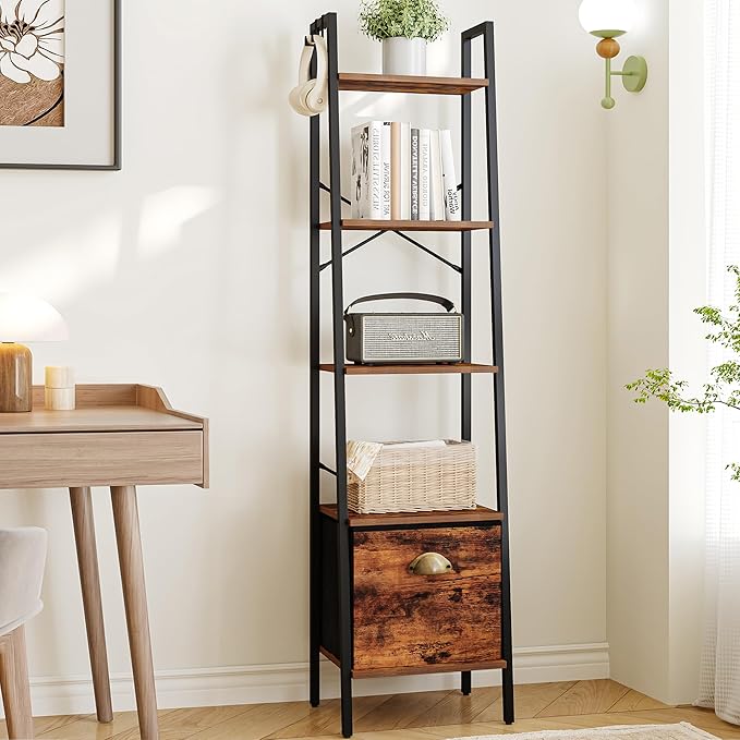 Narrow Bookshelf Bookcase with Drawer, Ladder Shelf with 2 Hooks, Bookshelves Storage Organizer, Freestanding Display Standing for Home Office, Bedroom, 5 Tier Rustic Brown BC19501B