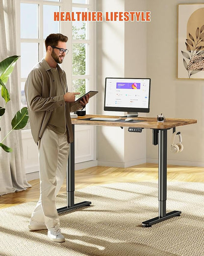 Electric Standing Desk Adjustable Height Stand Up Desk, 48" x 24" Sit Stand Desk, Low Noise Home Office Desk, Computer Desk with Splice Board, Child Lock & Memory Function, Rustic Brown