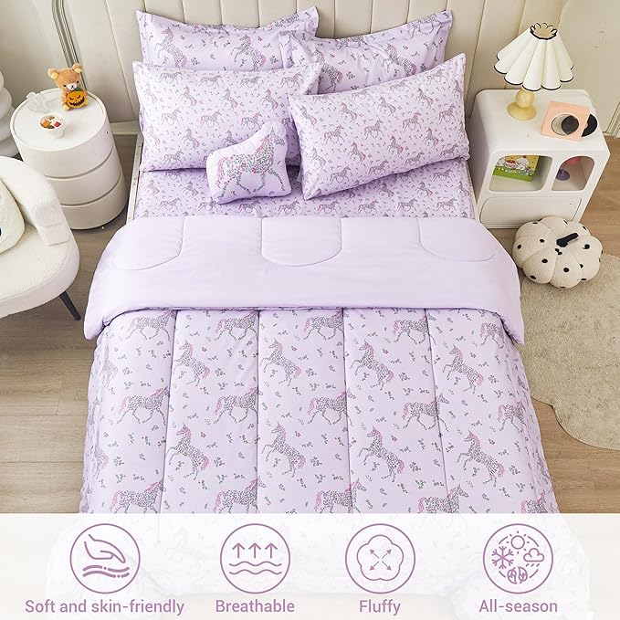 Mooreeke Full Size Comforter Sets for Girls Kids, 8 Pieces Bed in a Bag Purple Floral Unicorn Bedding Comforter Sheet Set with Shams and Decorative Toy Pillow, Ultral Soft Microfiber Kids Bed Set