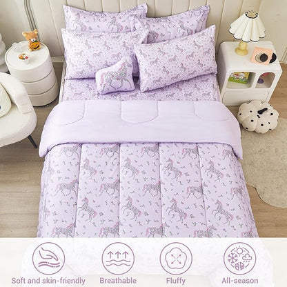Mooreeke Twin Size Comforter Sets for Girls Kids, 6 Pieces Bed in a Bag Purple Floral Unicorn Bedding Comforter Sheet Set with Shams and Decorative Toy Pillow, Ultral Soft Microfiber Kids Bed Set