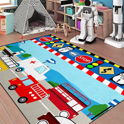 Cartoon Ambulance Car Area Rug Car Carpet for Kids Play Rug for Cars and Trucks Car Rug Play Mat Car Track Rug Truck Rugs for Boys Room Rugs for Boys Bedroom,Light Blue 4'×5'