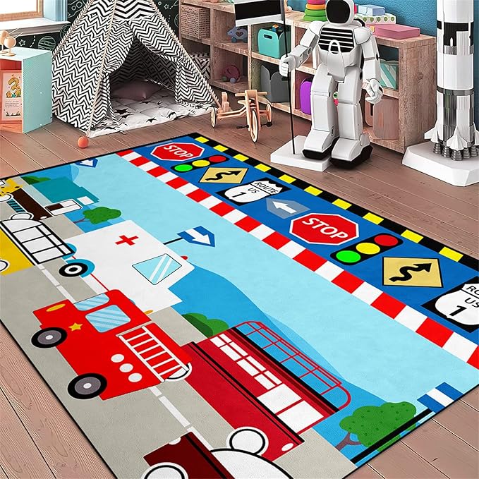 Cartoon Ambulance Car Area Rug Car Carpet for Kids Play Rug for Cars and Trucks Car Rug Play Mat Car Track Rug Truck Rugs for Boys Room Rugs for Boys Bedroom,Light Blue 2'5''×4'