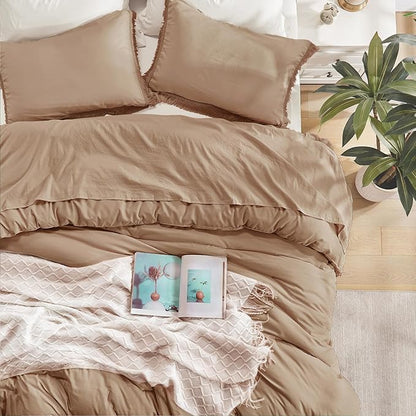 Andency Taupe Comforter Set Queen, 3 Pieces Boho Tassel Lightweight Bedding Comforter Sets, Tan All Season Soft Fluffy Fringe Bed Set (90x90In Comforter & 2 Pillowcases)