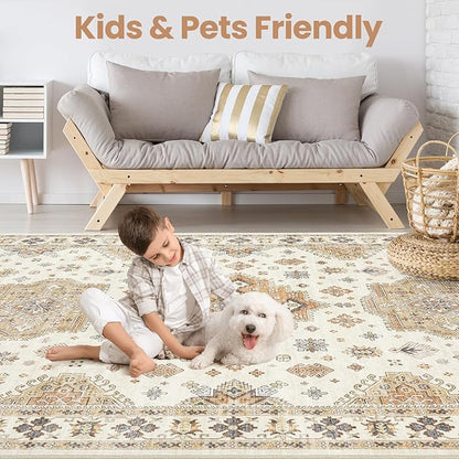 Washable Area Rugs for Living Room - 7x9 Neutral Vintage Distressed Floral Farmhouse Boho Large Soft Floor Rug Indoor Non Slip Carpet for Living Room Bedroom Dining Room Office - Orange/Yellow/Beige