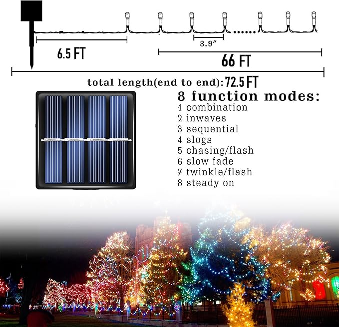 Dazzle Bright 2 Pack Total 400LED 132FT Red Christmas Solar String Outdoor Lights, Solar Powered with 8 Modes Waterproof Fairy Lights for Bedroom Patio Garden Tree Party Yard Decoration