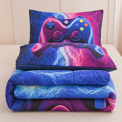Meeting Story Gamer Gaming Bedding Sets Red Blue Lightnings Gamepad Comforter Set for Boys Games Console Action Buttons Novelty Colorful Modern Room Decor Home Quilt Set (Blue-Purple, Twin)