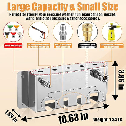 Pressure Washer Foam Cannon Holder, Power Washer Gun Snow Foam Lance 1/4" Quick Connect Tool Organizer, Wall Mounted Nozzle Tips and Wand Extension Kit Storage Rack of Car Wash Accessories