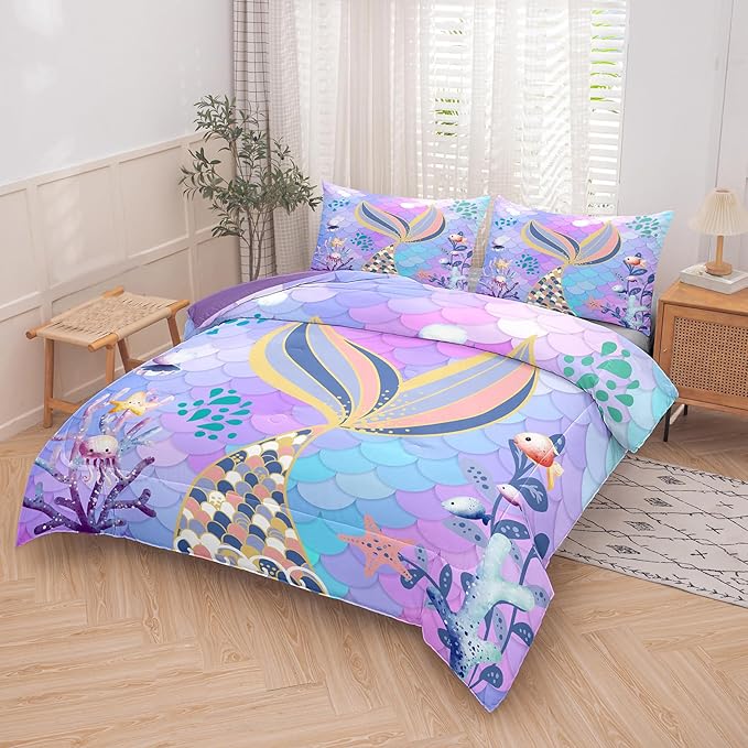 NINENINE Teal Purple Mermaid Comforter Set,Mermaid Tail Bedding Set,Twin Size Bedding Sets for Girls,Colorful Glitter Comforter Sets for Kids with 1 Comforter 1 Pillowcase…