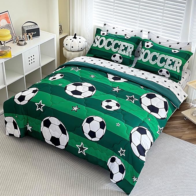 7 Piece Boys Soccer Comforter Set Twin Size Bed in A Bag 3D Football Playground Sports Bedding Set for Kids Microfiber Comforter All Season Green