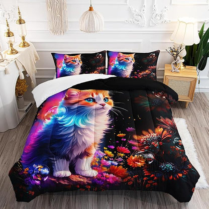 Cartoon Kawaii Cat Comforter Set Queen Size 3D Animals Flower Toddler Bedding Set Cat Lovers Animal Bubble Design Quilt Bed Set for Girls Kids Teens