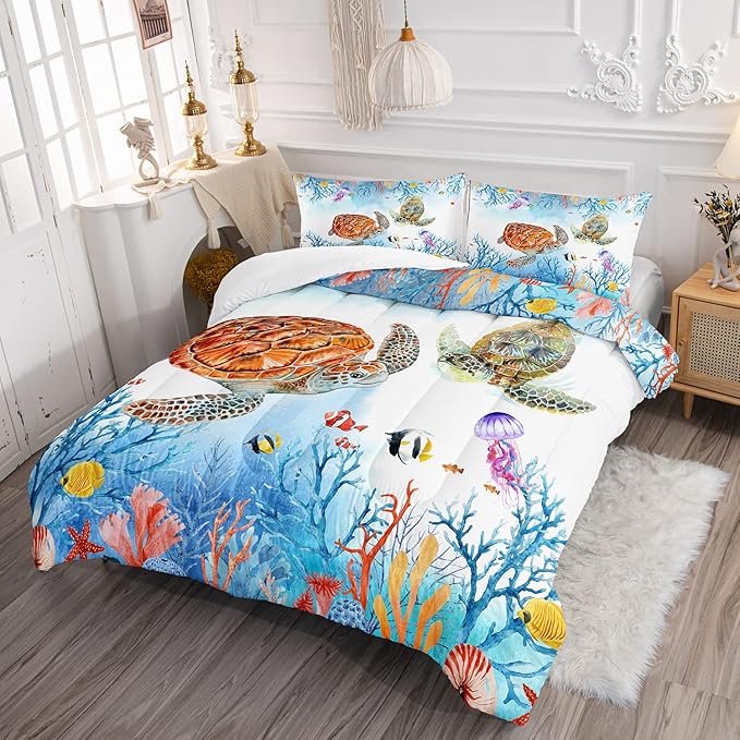 CVHOUSE Sea Turtle Comforter Set,Ocean Watercolor Sea Turtle Bedding Set for Kids Teens,Ocean Sea Turtle Comforter Sea Turtle Duvet Set Room Decor Quilt Set Full Size