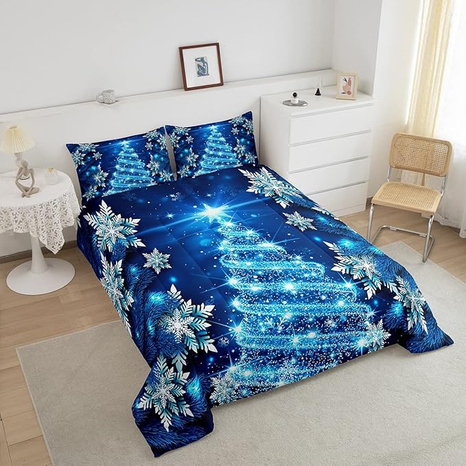 Feelyou Girls Christmas Tree Comforter Set Blue Xmas Theme Comforter Full Chic Winter Snowflake Bedding Set for Girls Daughter Bedroom Decor Soft Girly Glitter Quilted Duvet Winter Warm Bedding