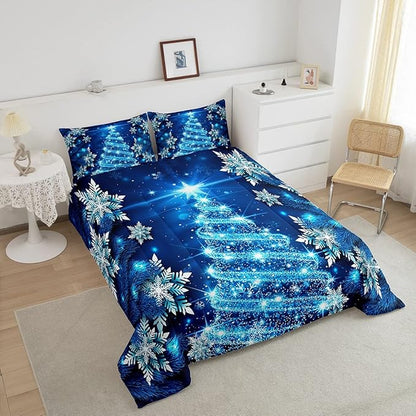 Feelyou Girls Christmas Tree Comforter Set Blue Xmas Theme Comforter Full Chic Winter Snowflake Bedding Set for Girls Daughter Bedroom Decor Soft Girly Glitter Quilted Duvet Winter Warm Bedding