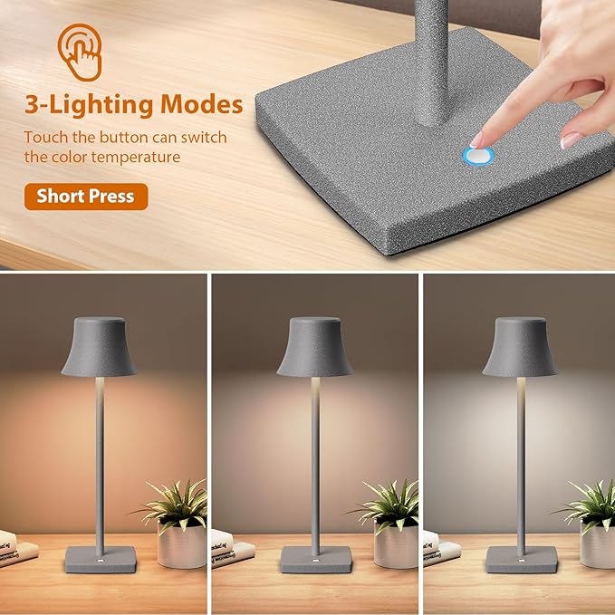 Cordless Table Lamp, Rechargeable LED Battery 5000mAh USB Portable Powered Desk Lamp 3 Levels Brightness Light for Restaurants Bedroom Outdoor (2Pack ferrous gray)
