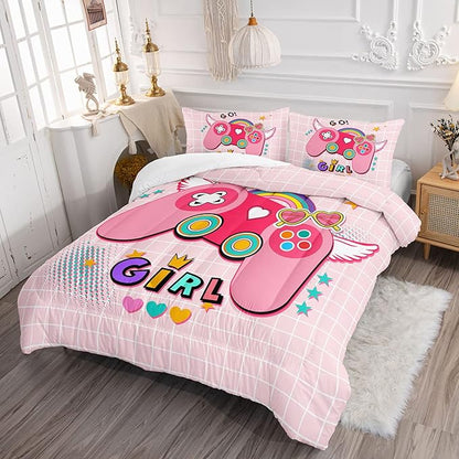 Datura home Bedding Comforter Set Pink Gamepad Printed Pattern Quilt with 1 and 2 Pillowcases for Girls Bedroom All Season(Pink Full) Full 80x90inches