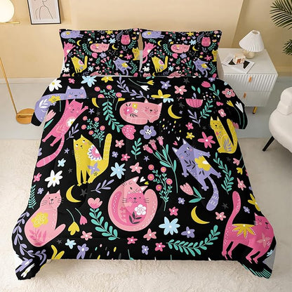 Floral Cat Comforter Full Size,Black Cats Comforter Set for Kids Teens Girls,3Pcs Bedding Set Printed Comforter with 2 Pillowcases,Down Alternative,Soft and Lightweight(Black，Full Size)