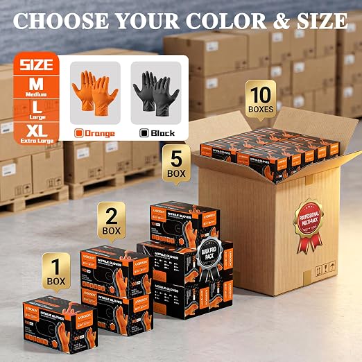 ANBOSON 10 Mil Heavy Duty Mechanic Nitrile Gloves, Large Orange 100 Count | Diamond Grip,Latex Free,Chemical Resistant Disposable Thick Rubber Gloves for Auto Repair, Industrial, Food, Work ,BBQ,Men