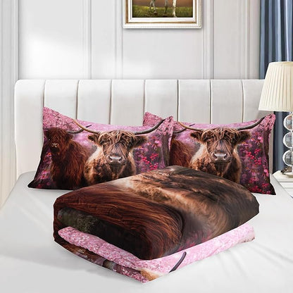 Cow Print Comforter Set Twin Size Cherry Blossoms Cow Bedding Set Farmhouse Animals Quilt Bed Set with 1 Comforter and 2 Pillowcases