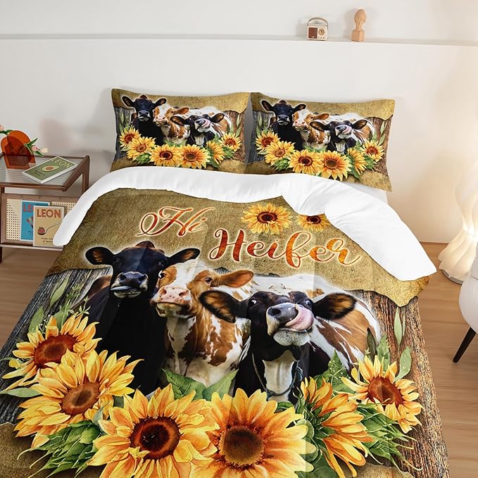 HOSIMA Farmhouse Animal Cow Comforter Western Bedding Sets,Sunflower Comforter for Girls Boys Teens,Cow Print Bedding Room Decor,Floral King Size Comforter Set with 2 Pillowcases.