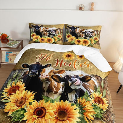 HOSIMA Farmhouse Animal Cow Comforter Western Bedding Sets,Sunflower Comforter for Girls Boys Teens,Cow Print Bedding Room Decor,Floral King Size Comforter Set with 2 Pillowcases.