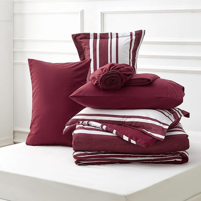 Bedsure Bed in a Bag California King Size 7-Piece Burgundy White Striped Bedding Comforter Sets All Season Bed Set, 2 Pillow Shams, Flat Sheet, Fitted Sheet and 2 Pillowcases