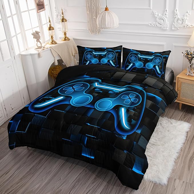 Axolotl Gamepad Comforter Set Queen Size,Blue Grid Print Bedding Set,Boy Gaming Console Comforter Set,Modern Gaming controller Geometry Bedding Set for Adult Teens Men,1 Quilt 2 Pillowcases,Blue Black