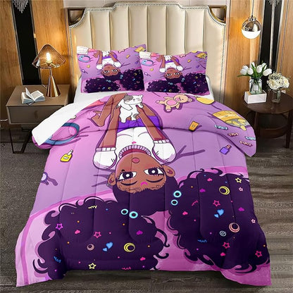 Pink Black Girl Comforter Sets for Girls, Soft African American Girls Full Size Comforter Sets for Girls Teens, 3Pcs Little Fluffy Afro Gilr Comforter Bedding Set with 2 Pillowcases, Full Size