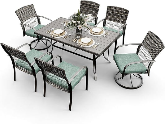 Pamapic 7 Piece Patio Dining Set for 6,Wicker Outdoor Furniture Set for Backyard Garden Deck Poolside with Iron Slats Table Top,4 Dining Chairs and 2 Swivel Rockers,Removable Cushions(Green)