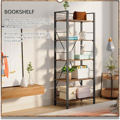 4NM Bookshelf 5 Tier Industrial Bookcase Home Office Adjustable Bookshelves Storage Shelves Organizer Vintage Book Shelf Display Rack for Living Room, Bedroom,Home- Rustic Brown