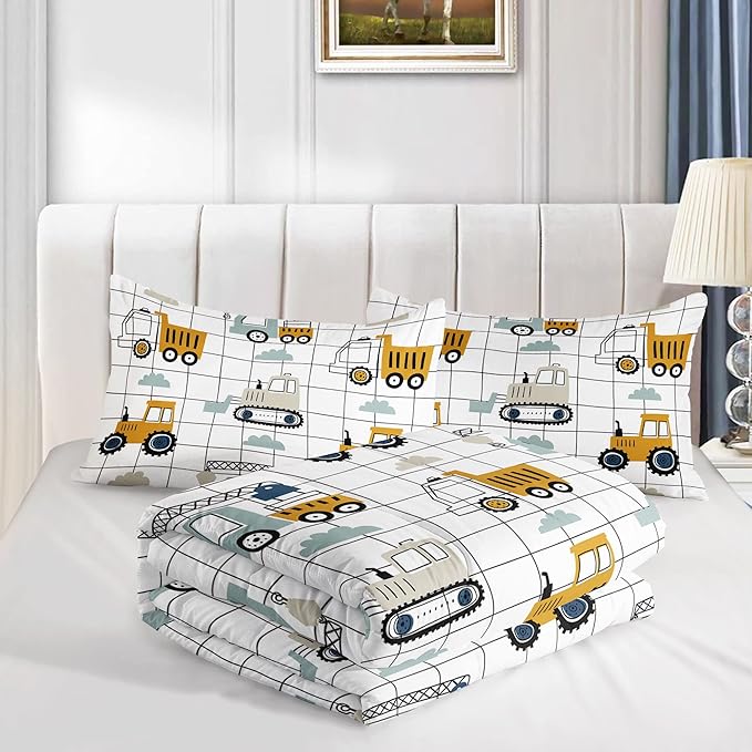 Datura home Construction Truck Set for Boys Kids Children, Machinery Excavators Vehicles Cartoon Tractor Bedding with 1 and 2 Pillowcases(ConstructionTruck Full), Full 80x90inches
