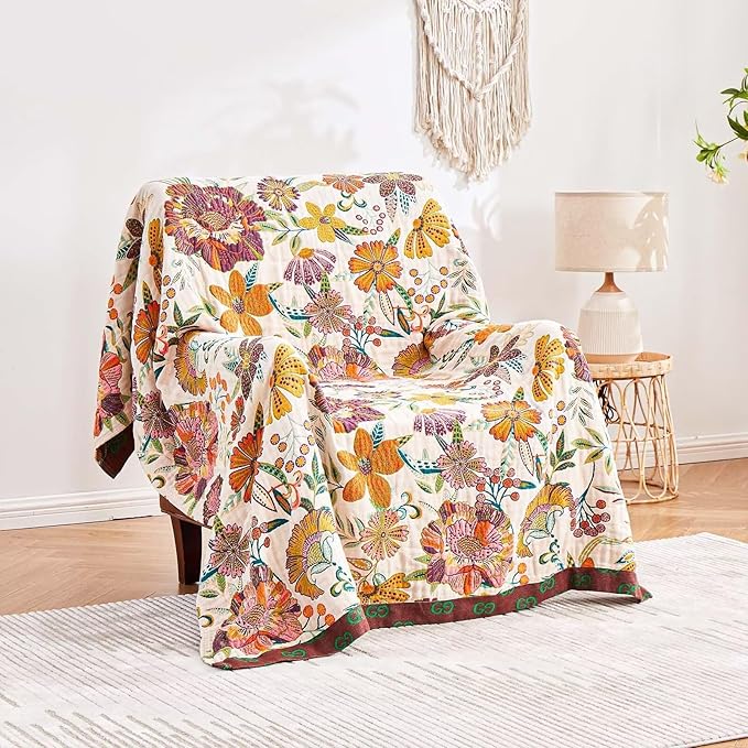 Boho Throw Blanket, 100% Cotton Ultra Soft Luxury Throw Rustic Quilt, 60"x80" Floral Printed Farmhouse Decor Bed Summer Blankets, All Season Rustic Reversible Bohemian Throw for Bed - White