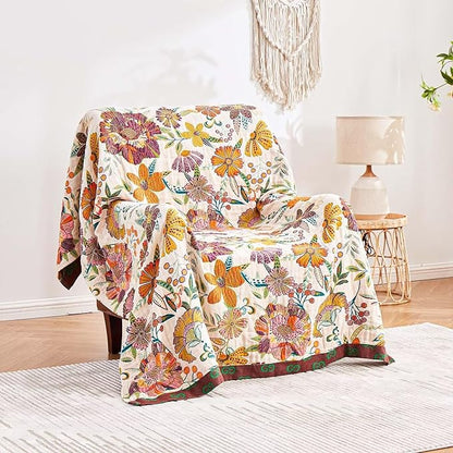 Boho Throw Blanket, 100% Cotton Ultra Soft Luxury Throw Rustic Quilt, 60"x80" Floral Printed Farmhouse Decor Bed Summer Blankets, All Season Rustic Reversible Bohemian Throw for Bed - White