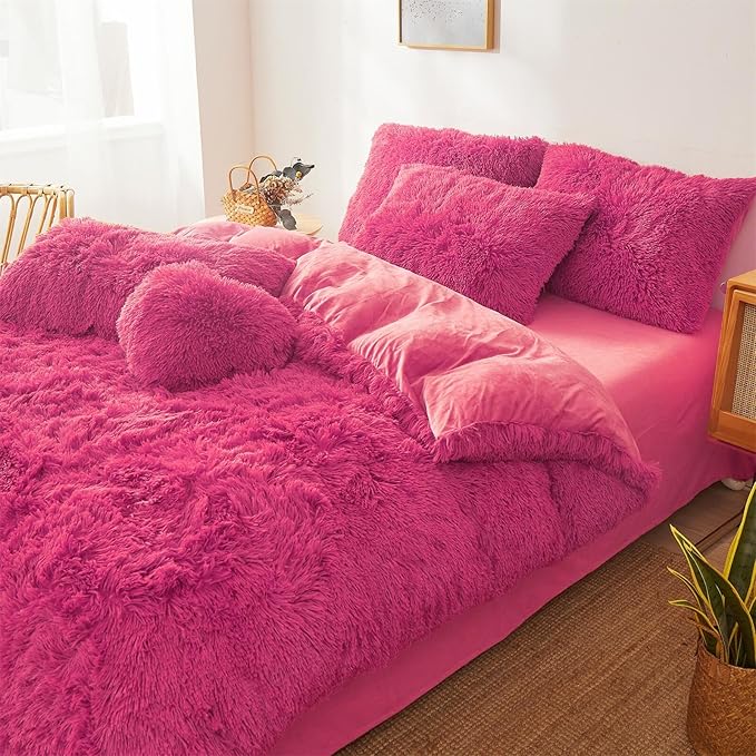 FOPPA Hot pink fluffy Comforter Cover Set king- Ultra Soft fluffy hot pink Bedding Sets 3 Pieces (1 Duvet Cover + 2 Pillow case) hot pink fluffy bed set (Hot pink, King)