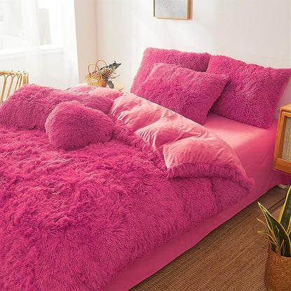 FOPPA Hot pink fluffy Comforter Cover Set king- Ultra Soft fluffy hot pink Bedding Sets 3 Pieces (1 Duvet Cover + 2 Pillow case) hot pink fluffy bed set (Hot pink, King)