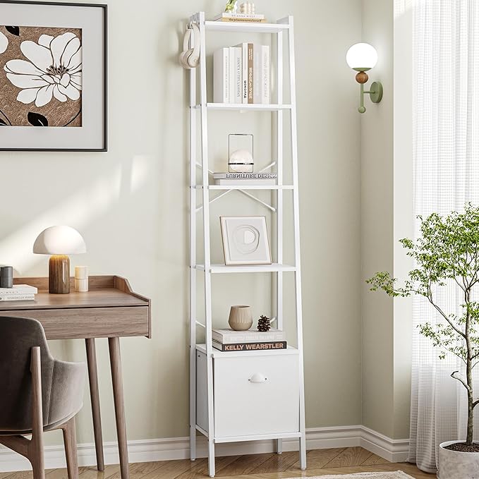 Narrow Bookshelf Bookcase with Drawer, Ladder Shelf with 2 Hooks, Bookshelves Storage Organizer, Freestanding Display Standing for Home Office, Bedroom, 6 Tier White BC19613W