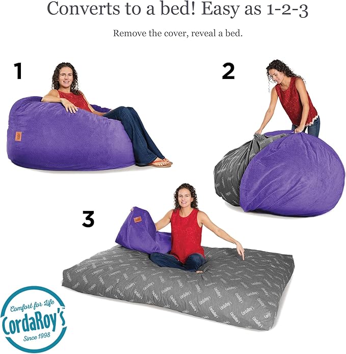 CordaRoy's Chenille Bean Bag - Convertible Bean Bag Chair & Bed - Machine-Washable Chenille Fabric Cover - for Basement, Living Room, Game Room, Dorm & More - Queen Size - Very Peri Purple