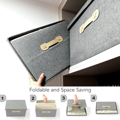 Enzk&Unity Decorative Storage Boxes with Lids, 3 Pack Grey Fabric Storage Bins with Handle, Foldbale and Stackable Storage Boxes for Shelf, Closet, Bedroom, Living Room