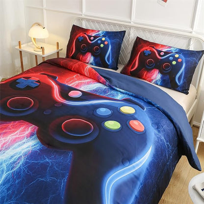 Meeting Story Gamer Gaming Bedding Sets Red-Blue Lightnings Gamepad Comforter Set for Boys Games Console Action Buttons Novelty Colorful Modern Room Decor Home Quilt Set (Red-Blue, Full)