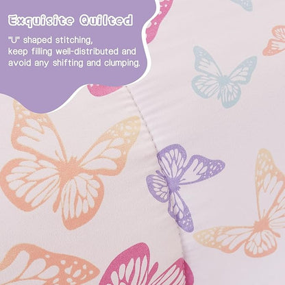 Butterfly Kids Comforter Set for Girls Twin, Cute Reversible Quilted Lavender Printed Bedding Set with Pillow Sham, Lightweight Soft Breathable Machine Washable Bed Set 2 Piece