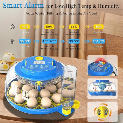 18 Chicken Egg Incubators for Hatching Eggs with Automatic Egg Turning and Humidity Control, High Hatch Rate Poultry Incubator for Chicken, Ducks, Goose, Pigeon, Quail, Ideal for Home, Farm, School