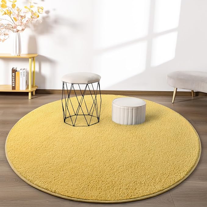 Round Area Rugs for Bedroom Living Room, 4x4 Yellow Super Soft Comfy Thickened Memory-Foam Indoor Circle Carpets, Modern Aesthetic Minimalist Carpet for Boys Girls Adults Nursery Home Décor
