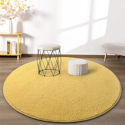 Round Area Rugs for Bedroom Living Room, 4x4 Yellow Super Soft Comfy Thickened Memory-Foam Indoor Circle Carpets, Modern Aesthetic Minimalist Carpet for Boys Girls Adults Nursery Home Décor