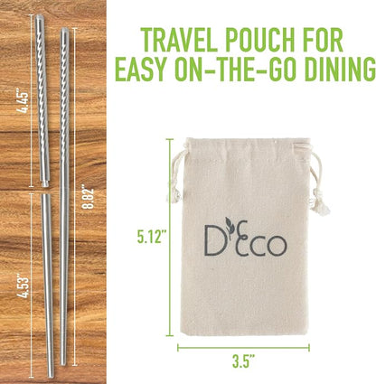 D'Eco Reusable Metal Chopsticks (4 Pairs)- Stainless Steel Twist Apart Silver Chopsticks & Travel Pouch- Lightweight, Durable, Dishwasher Safe- Great for Chinese Japanese Cuisine- On the Go Silverware