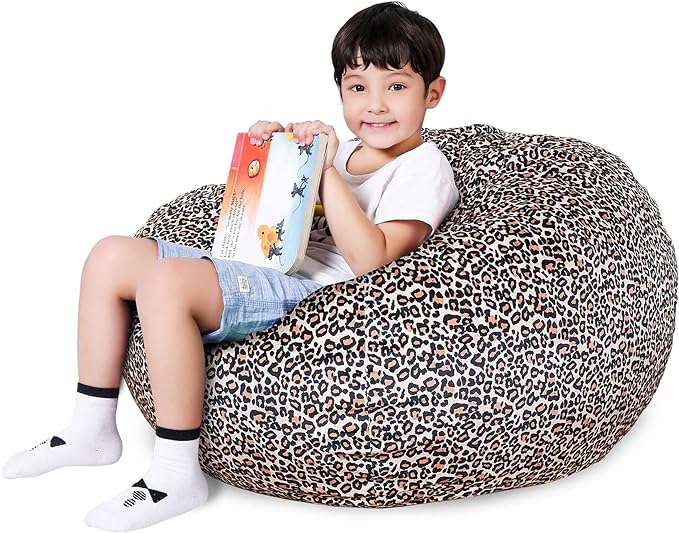 Lukeight Stuffed Animal Storage Bean Bag Chair Cover for Kids, Stuffed Animal Bean Bag Storage, Zipper Beanbag Chair Cover for Organizing Toddler & Kids' Rooms Plush Toys (Leopard Velvet, Large)