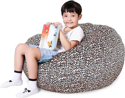 Lukeight Stuffed Animal Storage Bean Bag Chair Cover for Kids, Zipper Beanbag Chair Cover for Organizing Toddler & Kids' Rooms Plush Toys (Leopard Velvet, X-Large)