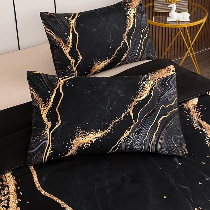 Tailor Shop Marble Bedding Set Soft Microfiber Black and Gold Comforter Set King Size for Kids Men and Women with 1 Marble Comforter and 2 Pillowcases……