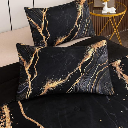 Tailor Shop Marble Bedding Set Soft Microfiber Black and Gold Comforter Set King Size for Kids Men and Women with 1 Marble Comforter and 2 Pillowcases……