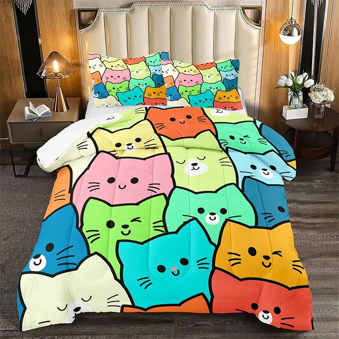 Cat Bedding Set Full Size - 3 Piece Cartoon Cat Comforter Set for Girls Boys Kids Bedroom Colorful Animals Print Home Bedding Decor for All Season Soft Warm 1 Cat Quilt Cover with 2 Pillowcases