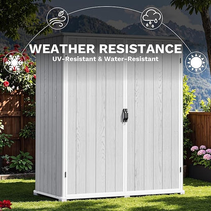 Devoko 5 x 3 Resin Outdoor Storage Shed with Floor - Waterproof Plastic Outdoor Tool Cabinet with Lockable Doors for Patio Furniture, Pool Accessories, Garden Tools (Light Gray)