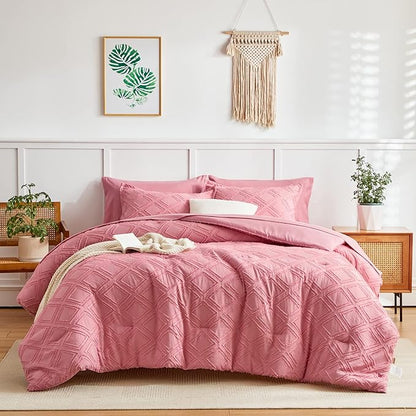 7 Pieces Tufted Bed in a Bag Queen Comforter Set with Sheets Pink, Soft and Embroidery Shabby Chic Boho Bohemian, Luxury Solid Color with Diamond Pattern, Jacquard Tufts Bedding Set for All Season